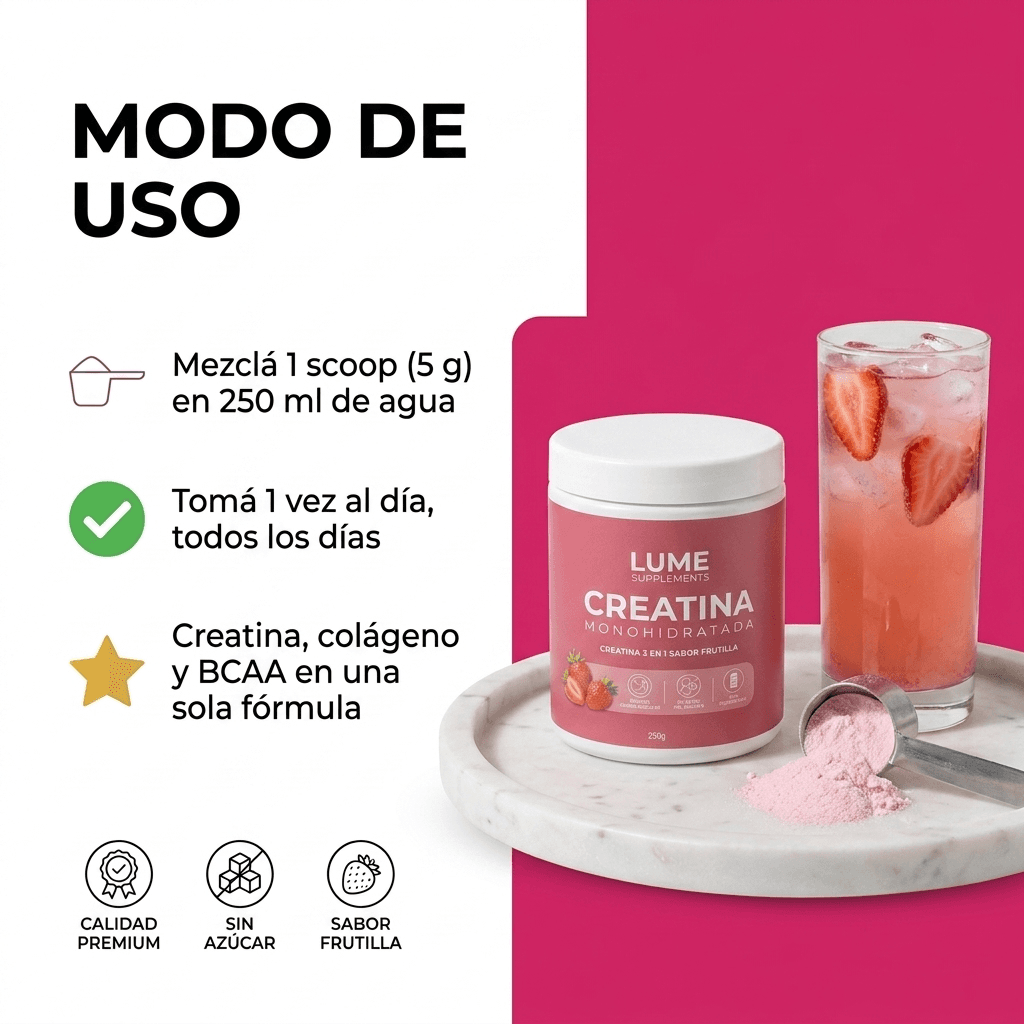 LUME Creatina + Colágeno 3 en 1 · 250g — 8
