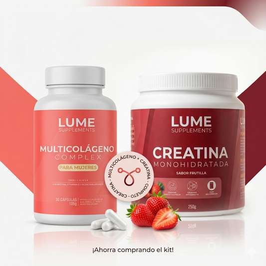 KIT LUME Creatina + Colágeno 3 en 1 · 250g + LUME Multicolágeno Complex