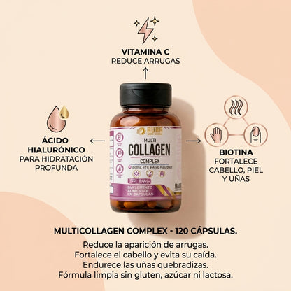AURA Multicolágeno Complex | Fórmula Avanzada con Ácido Hialurónico | 120 caps.